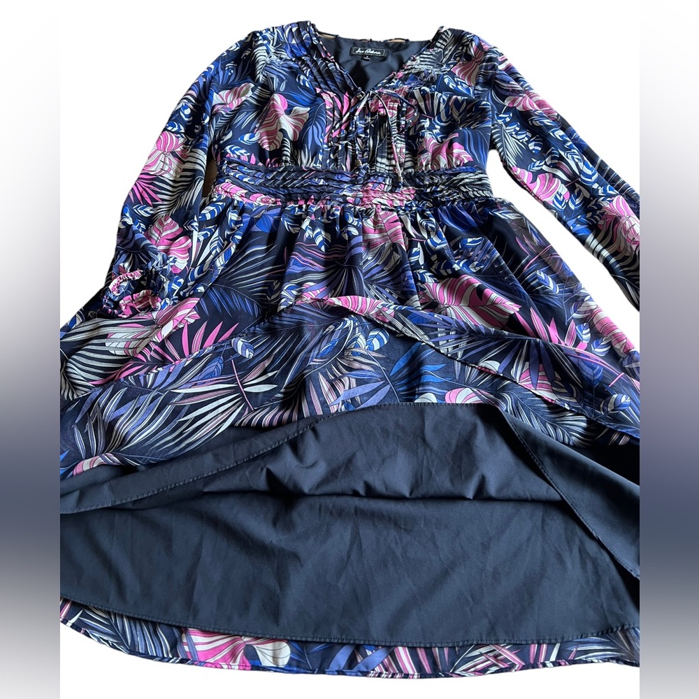 SAM EDELMAN Size 8 Tropical Flowy Lined Mini Dress Resort Wear Long Sheer Sleeve - Picture 6 of 13